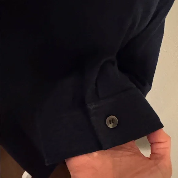 Lysse navy blue split neck linen knit sweater with contrasting blue strip - Picture 7 of 11